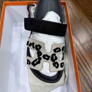 Hermes Black and Cream Leopard Sandals
